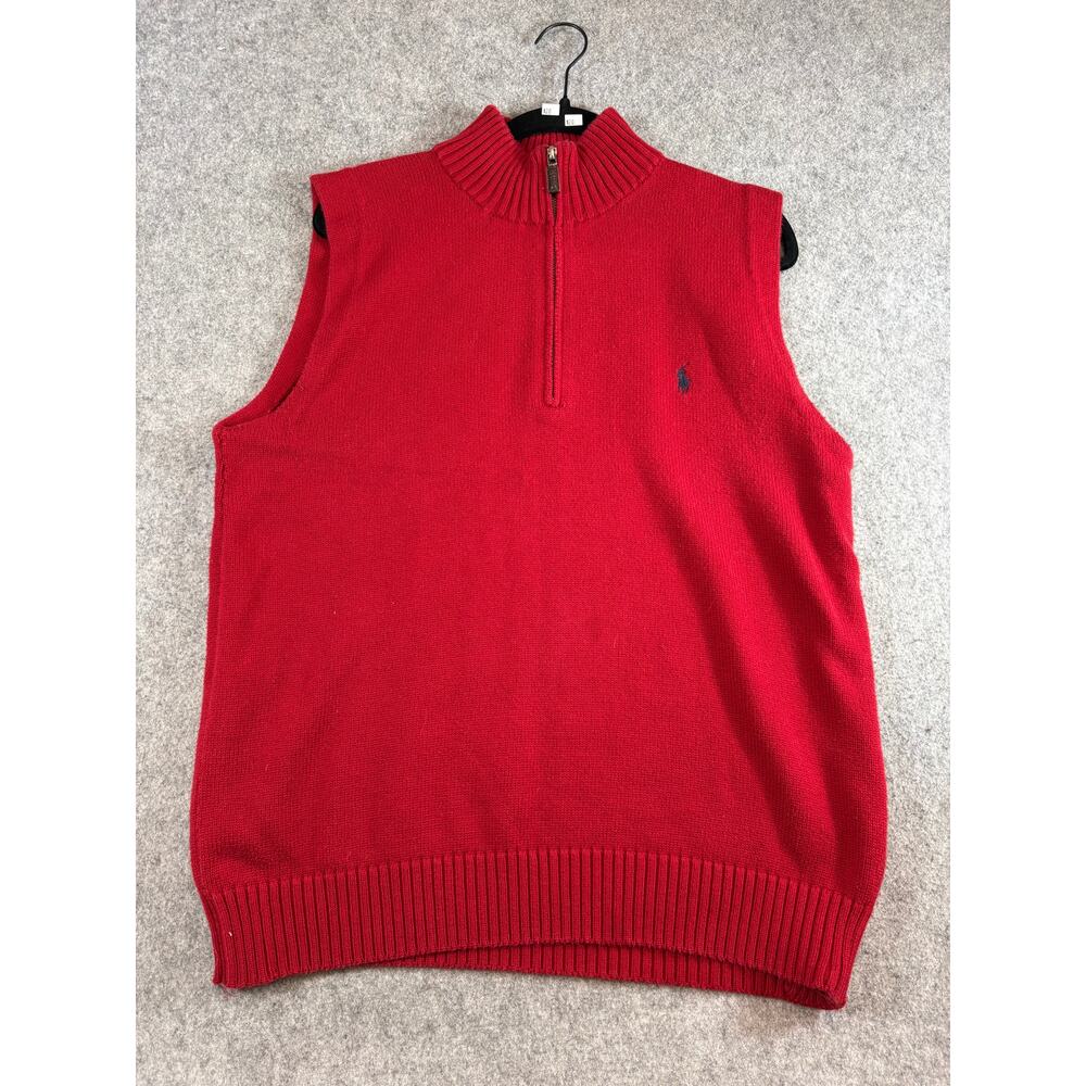 Vintage 90s Ralph Lauren Sweater Vest Mens Large Red Knit 1/4 Zip Mock Neck